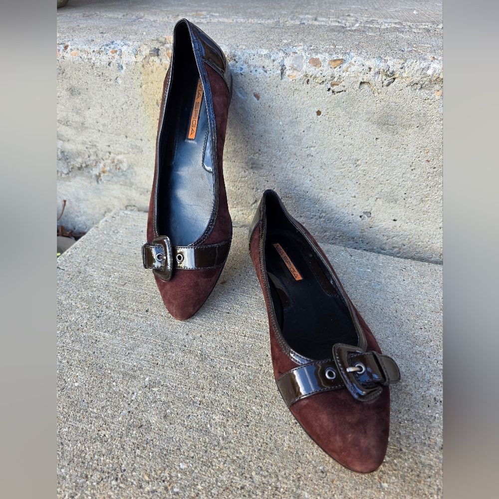 VIA SPIGA Choco Brown SUEDE & PATENT LEATHER Pointed Toe BALLET FLATS SHOES 7M